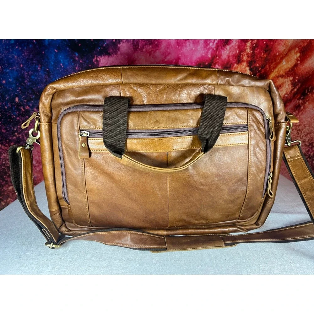 Baigio Leather Messenger Bag Brown Briefcase Laptop Shoulder Crossbody Mens